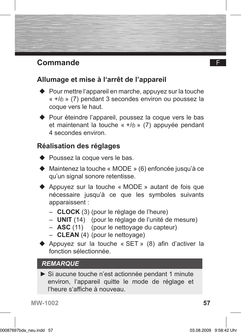 Commande, Allumage et mise à l‘arrêt de l’appareil, Réalisation des réglages | Hama MW1002 User Manual | Page 57 / 156