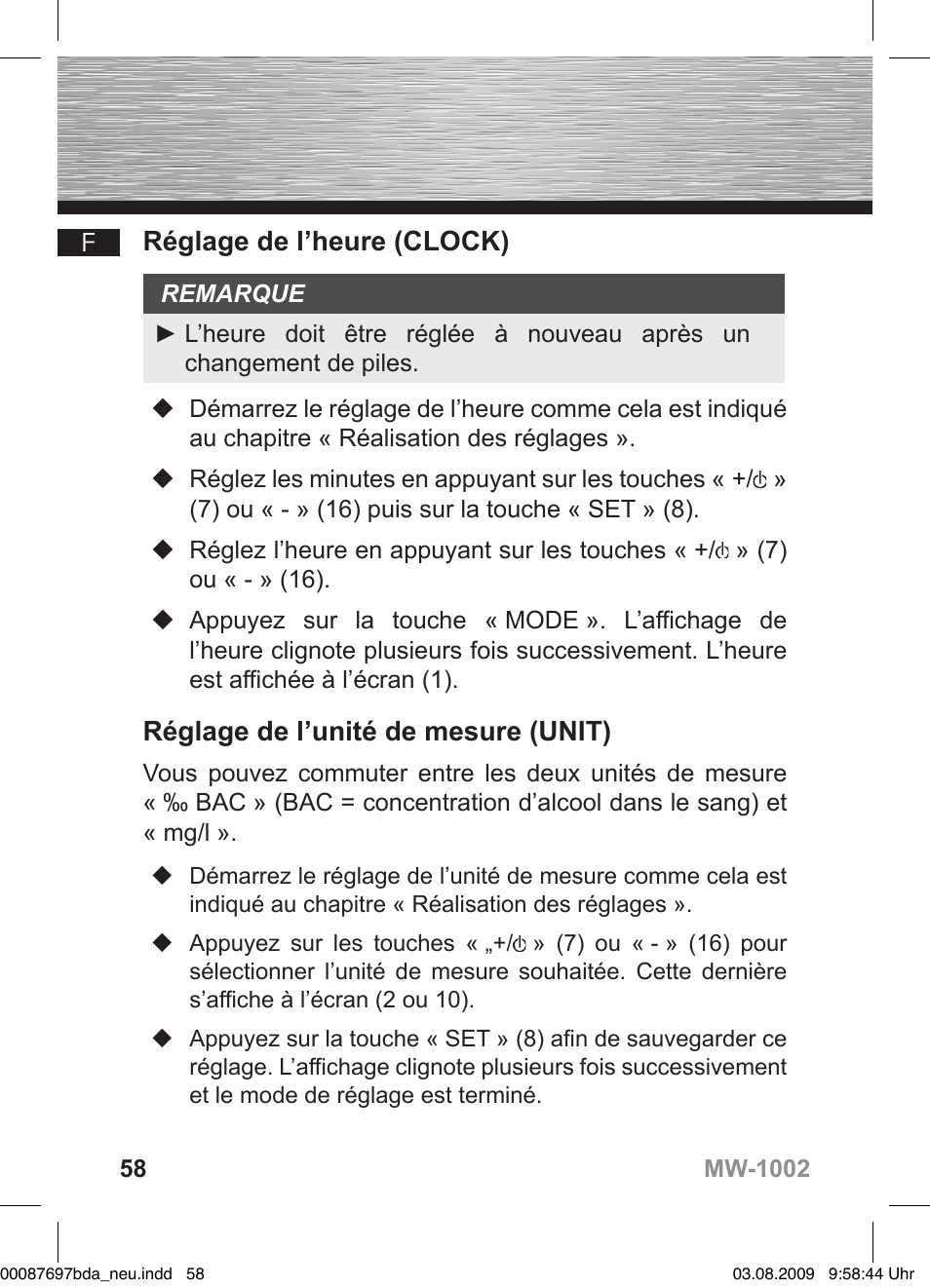 D bedienungsanleitung, Réglage de l’heure (clock), Réglage de l’unité de mesure (unit) | Hama MW1002 User Manual | Page 58 / 156