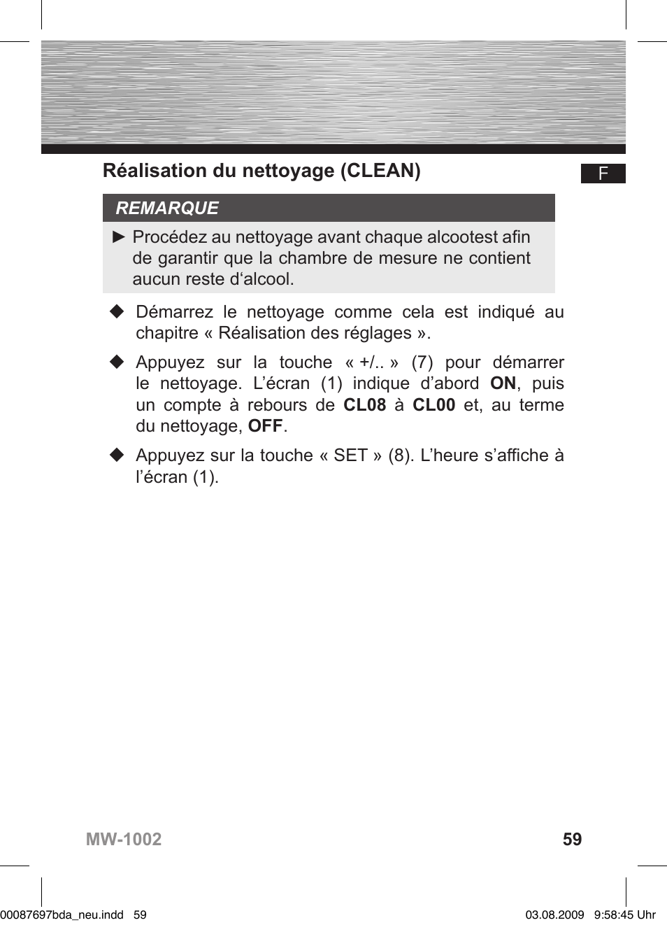 Réalisation du nettoyage (clean) | Hama MW1002 User Manual | Page 59 / 156