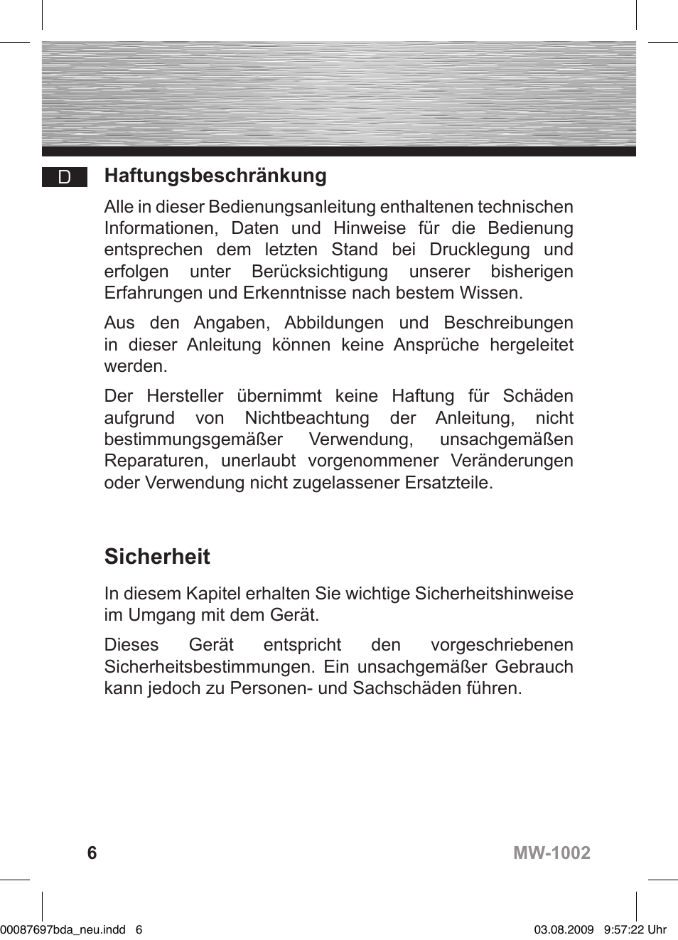 Sicherheit, Haftungsbeschränkung | Hama MW1002 User Manual | Page 6 / 156