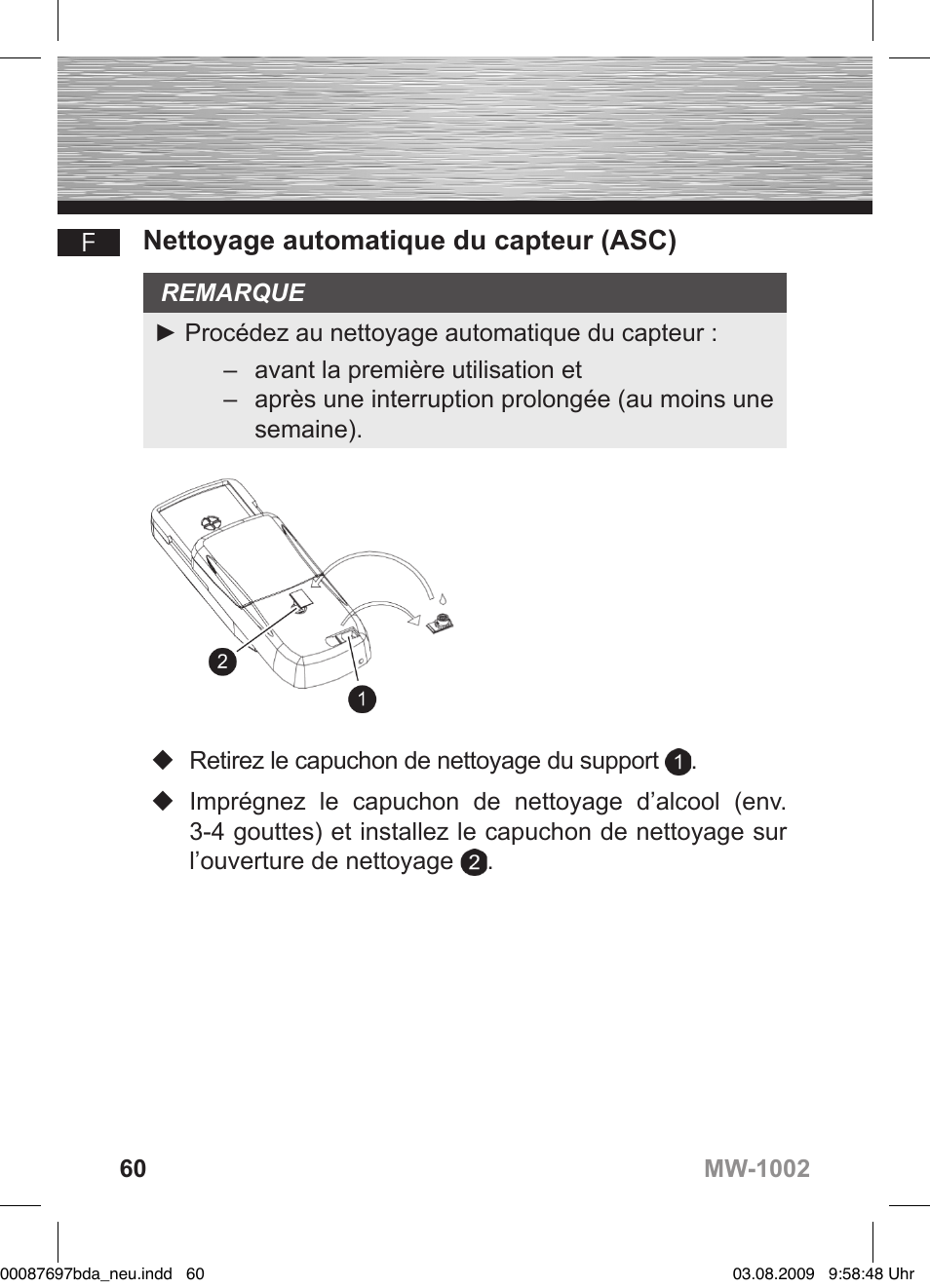 D bedienungsanleitung, Nettoyage automatique du capteur (asc) | Hama MW1002 User Manual | Page 60 / 156