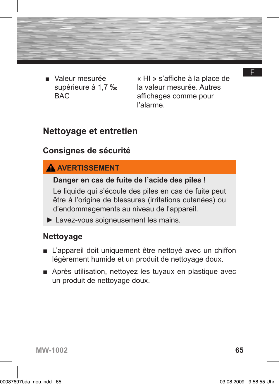 Nettoyage et entretien, Consignes de sécurité, Nettoyage | Hama MW1002 User Manual | Page 65 / 156