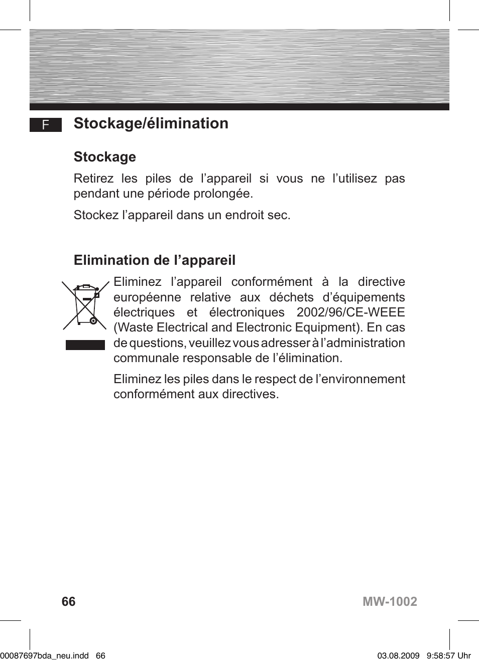 D bedienungsanleitung, Stockage/élimination, Stockage | Elimination de l’appareil | Hama MW1002 User Manual | Page 66 / 156