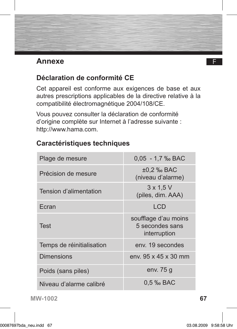 Annexe, Déclaration de conformité ce, Caractéristiques techniques | Hama MW1002 User Manual | Page 67 / 156