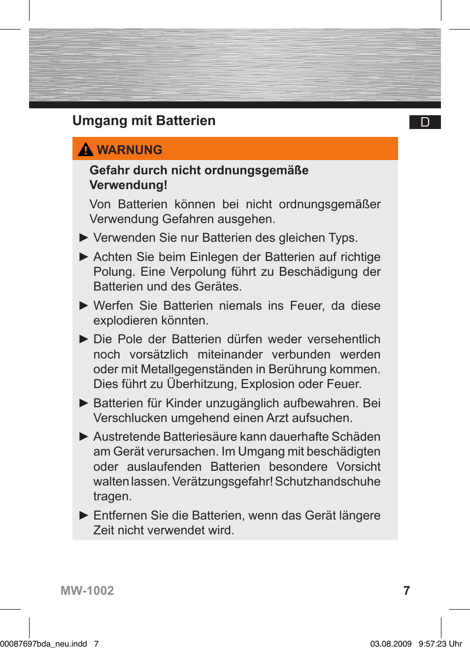 Umgang mit batterien | Hama MW1002 User Manual | Page 7 / 156