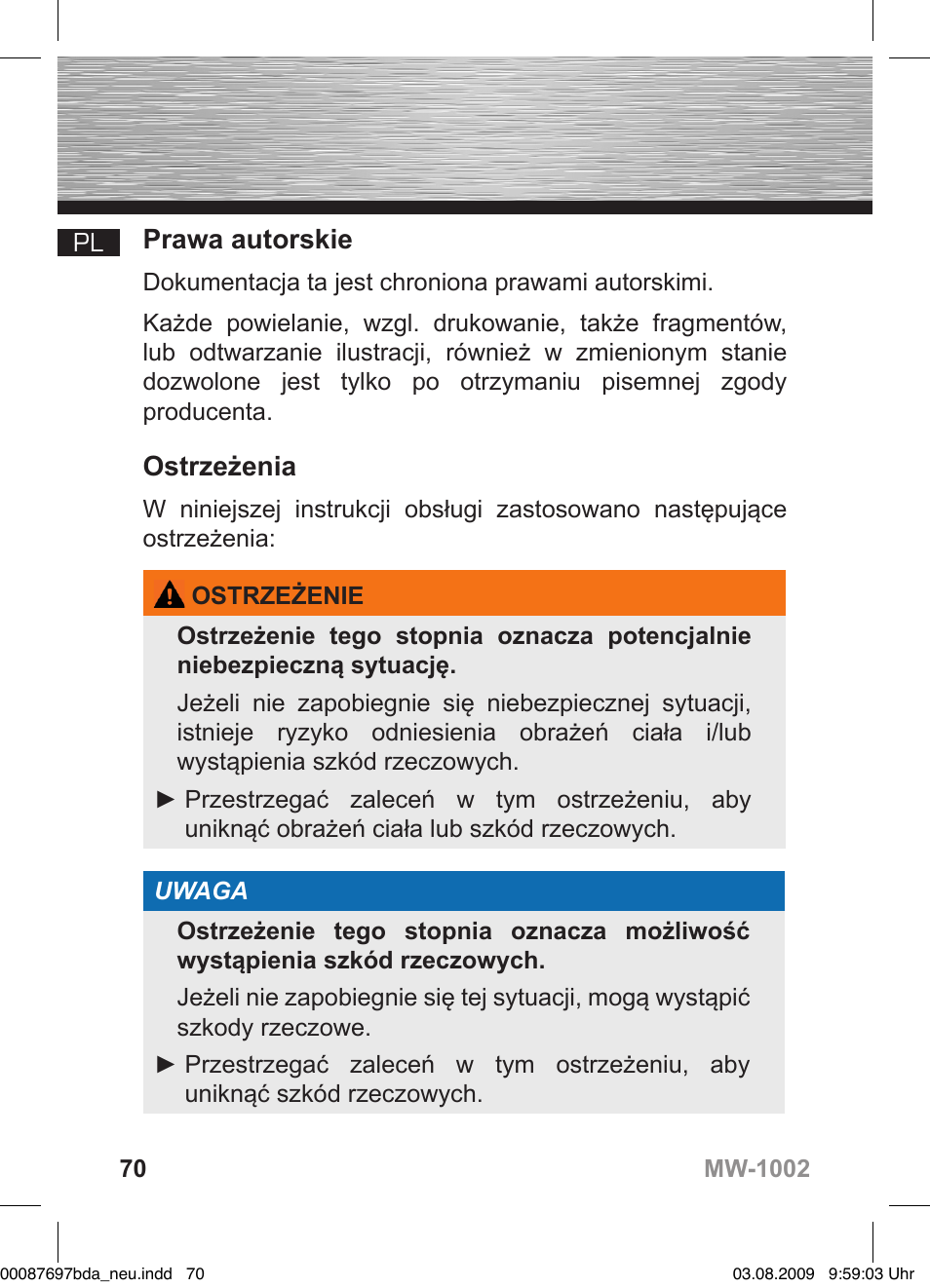 D bedienungsanleitung, Prawa autorskie, Ostrzeżenia | Hama MW1002 User Manual | Page 70 / 156