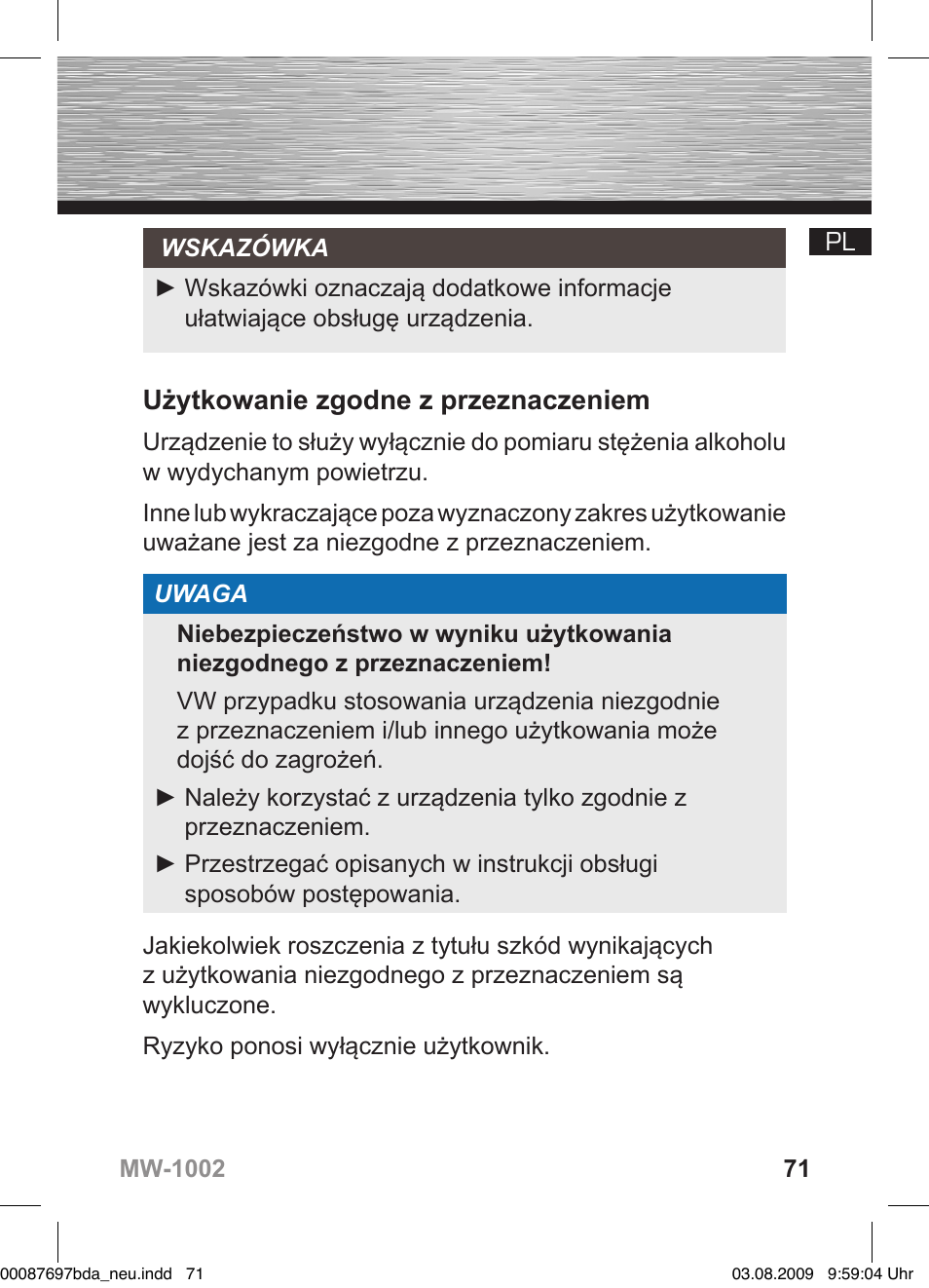 Użytkowanie zgodne z przeznaczeniem | Hama MW1002 User Manual | Page 71 / 156