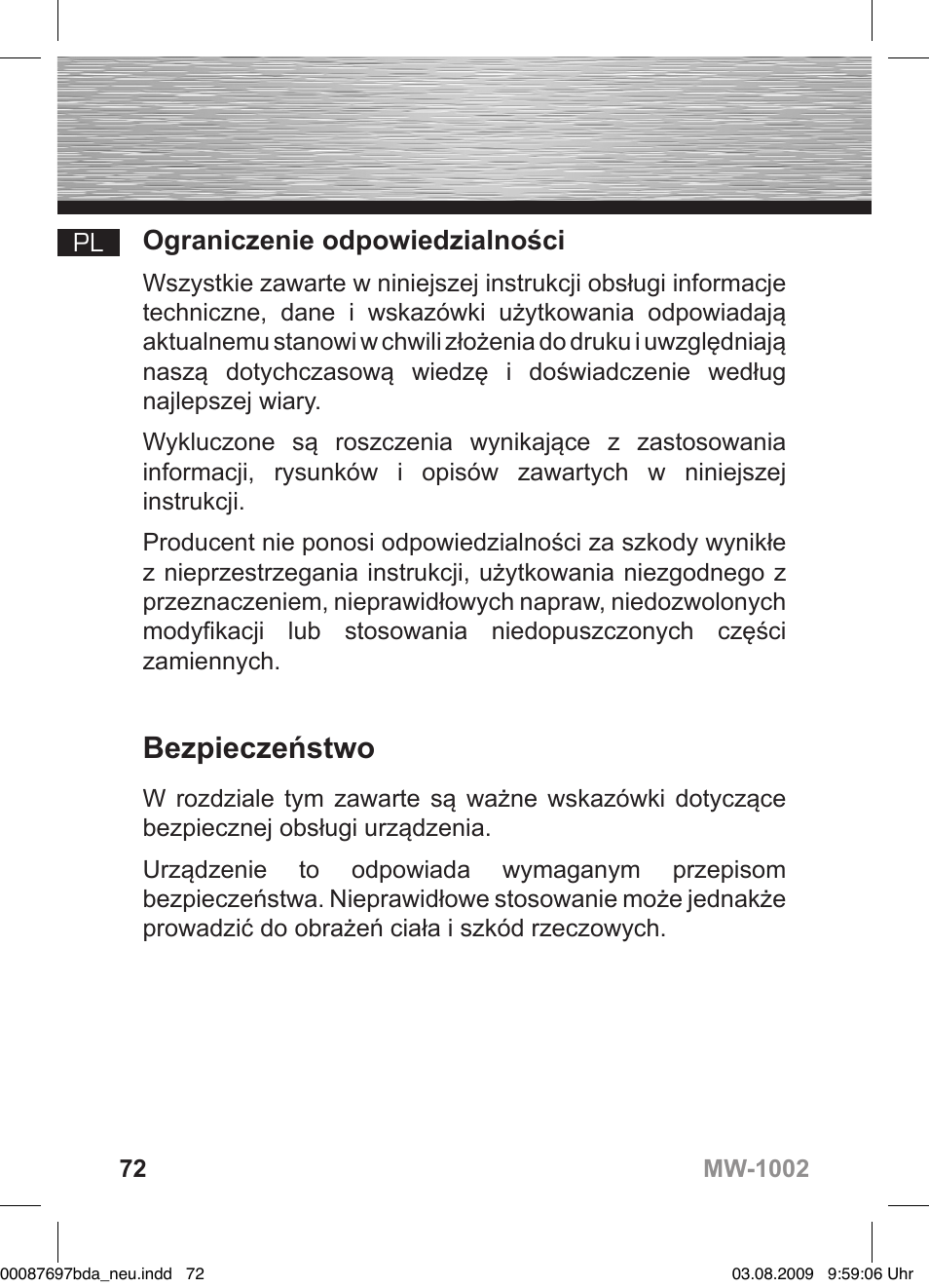 D bedienungsanleitung, Bezpieczeństwo, Ograniczenie odpowiedzialności | Hama MW1002 User Manual | Page 72 / 156