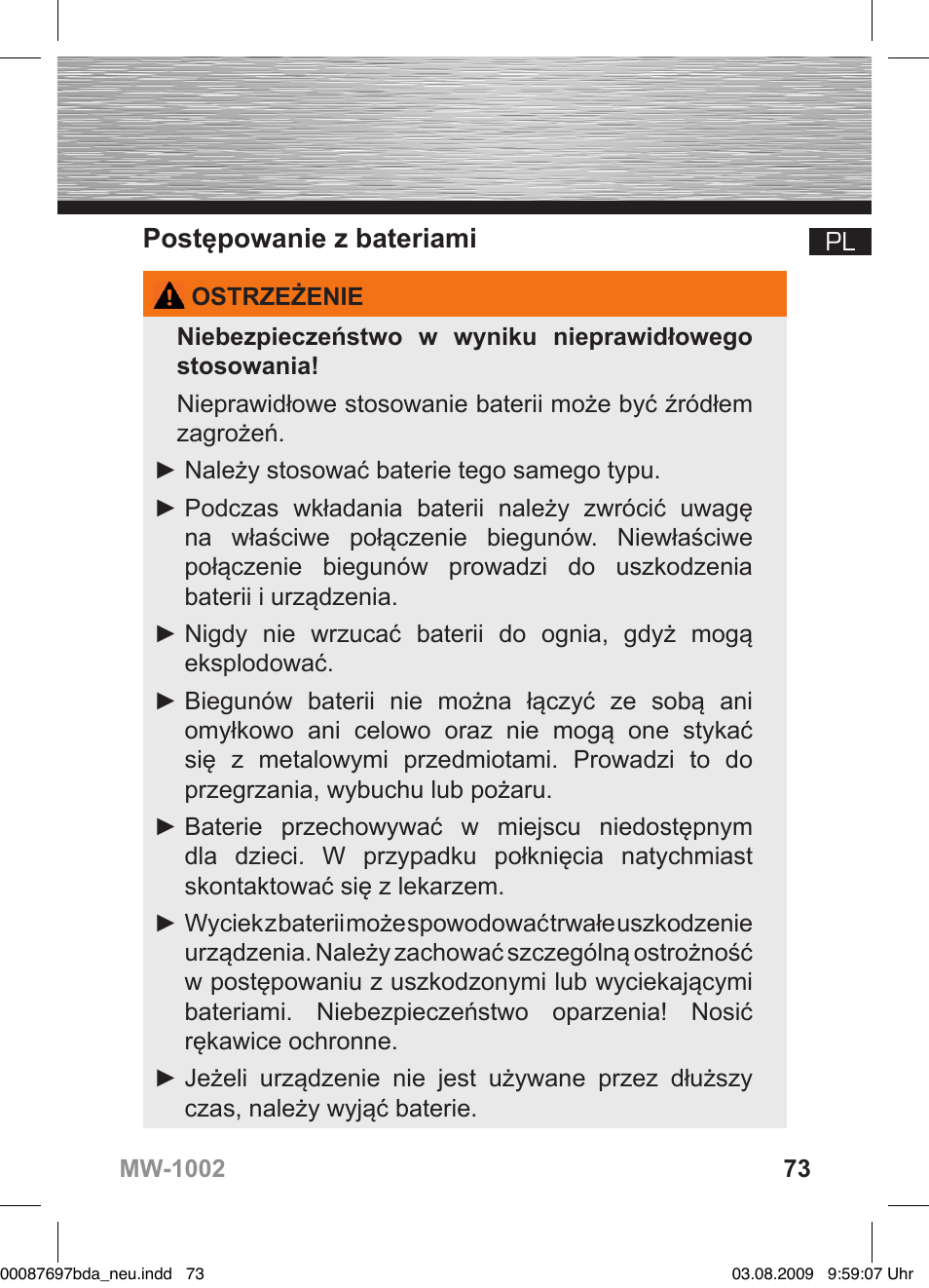 Postępowanie z bateriami | Hama MW1002 User Manual | Page 73 / 156