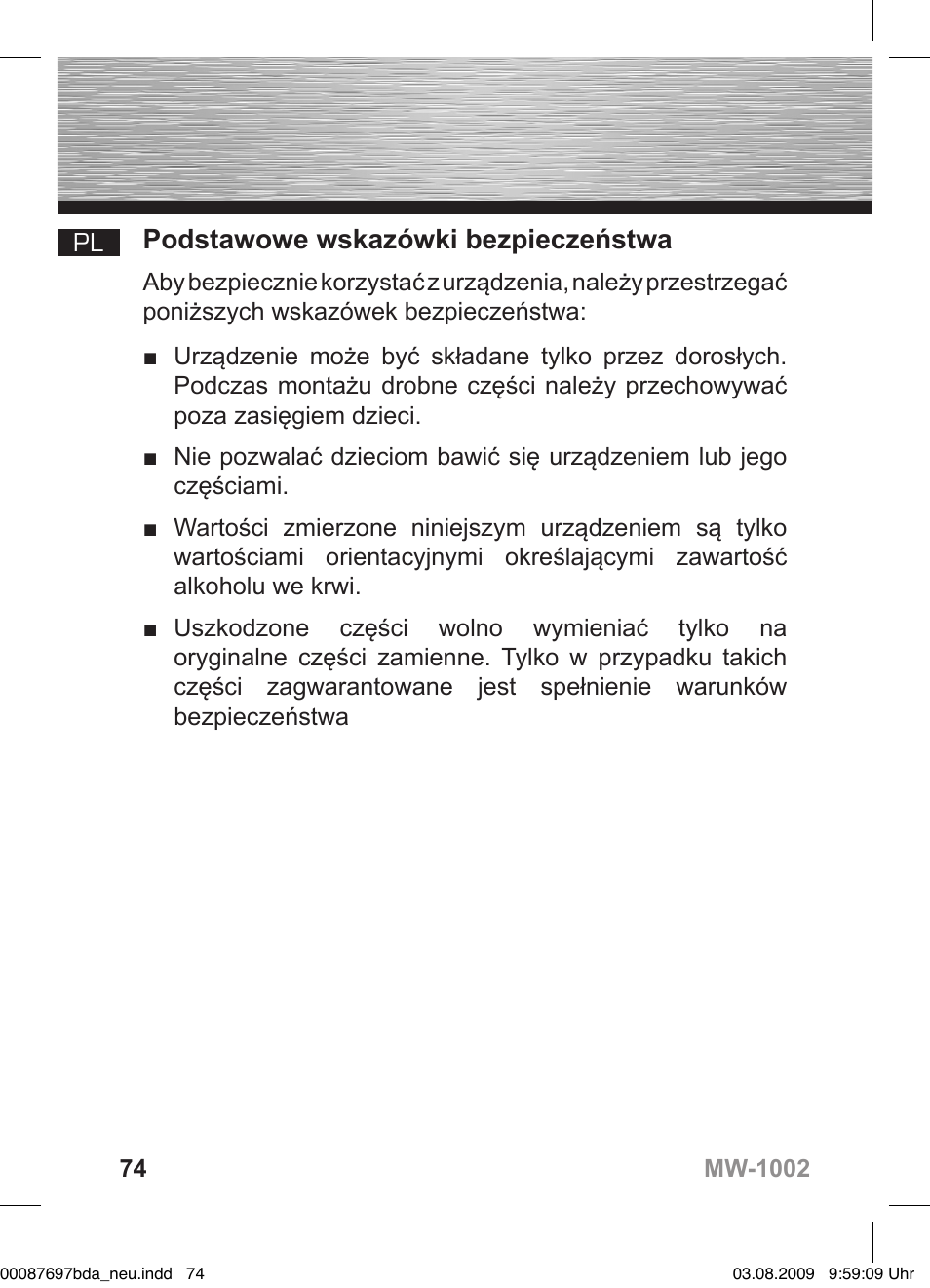 D bedienungsanleitung, Podstawowe wskazówki bezpieczeństwa | Hama MW1002 User Manual | Page 74 / 156