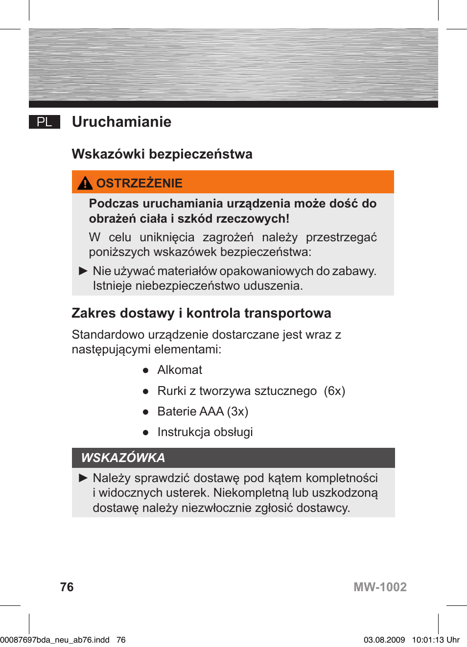 D bedienungsanleitung, Uruchamianie, Wskazówki bezpieczeństwa | Zakres dostawy i kontrola transportowa | Hama MW1002 User Manual | Page 76 / 156