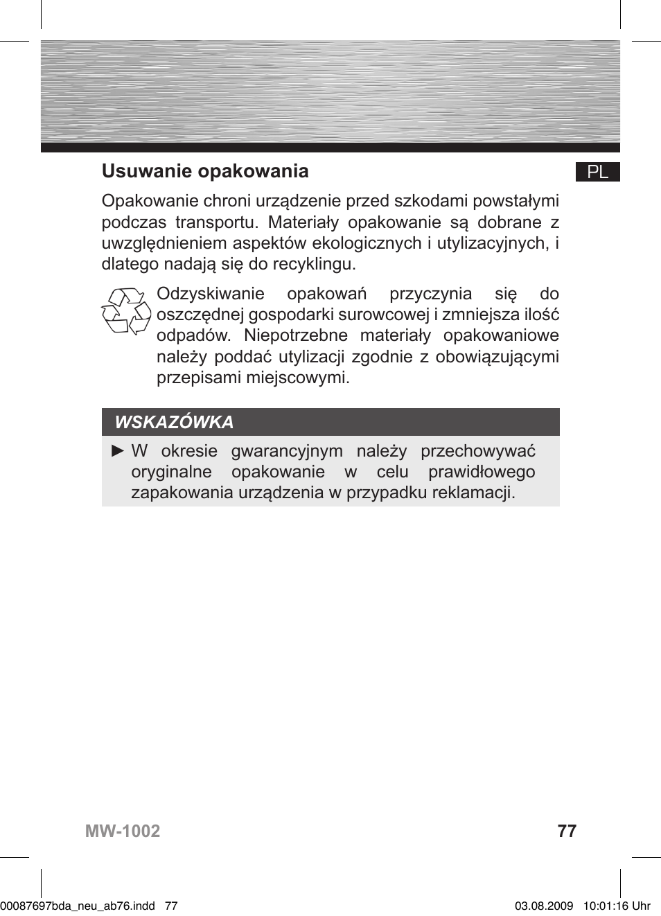 Usuwanie opakowania | Hama MW1002 User Manual | Page 77 / 156