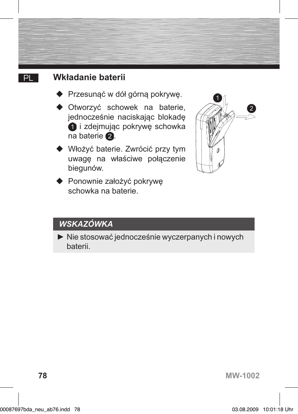 D bedienungsanleitung, Wkładanie baterii | Hama MW1002 User Manual | Page 78 / 156