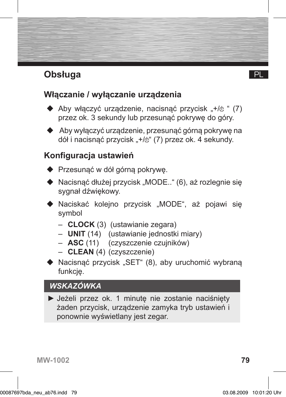 Obsługa, Włączanie / wyłączanie urządzenia, Konfiguracja ustawień | Hama MW1002 User Manual | Page 79 / 156