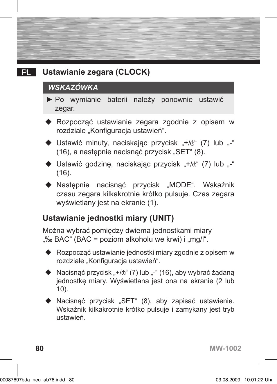 D bedienungsanleitung, Ustawianie zegara (clock), Ustawianie jednostki miary (unit) | Hama MW1002 User Manual | Page 80 / 156