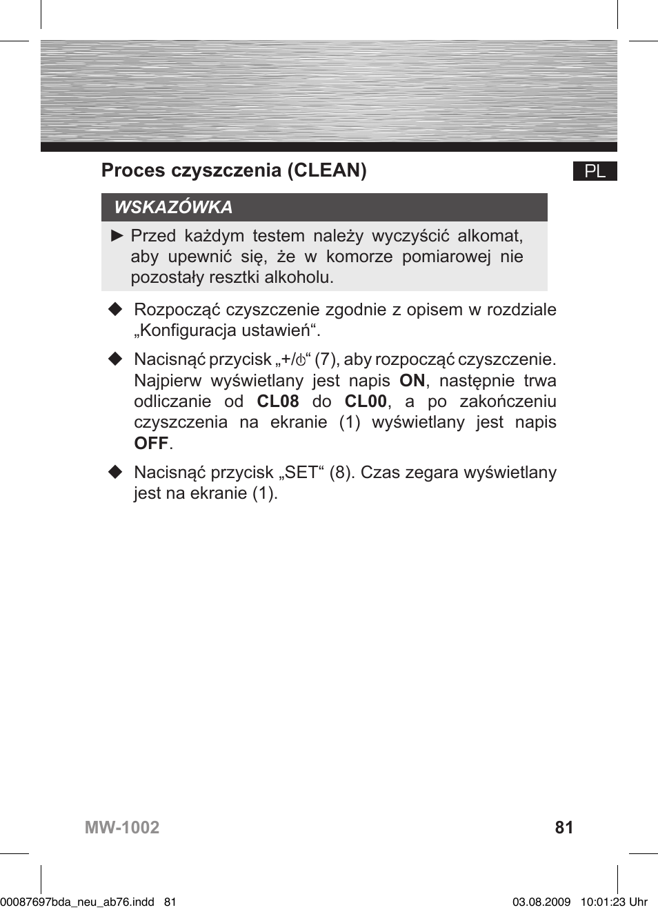 Proces czyszczenia (clean) | Hama MW1002 User Manual | Page 81 / 156