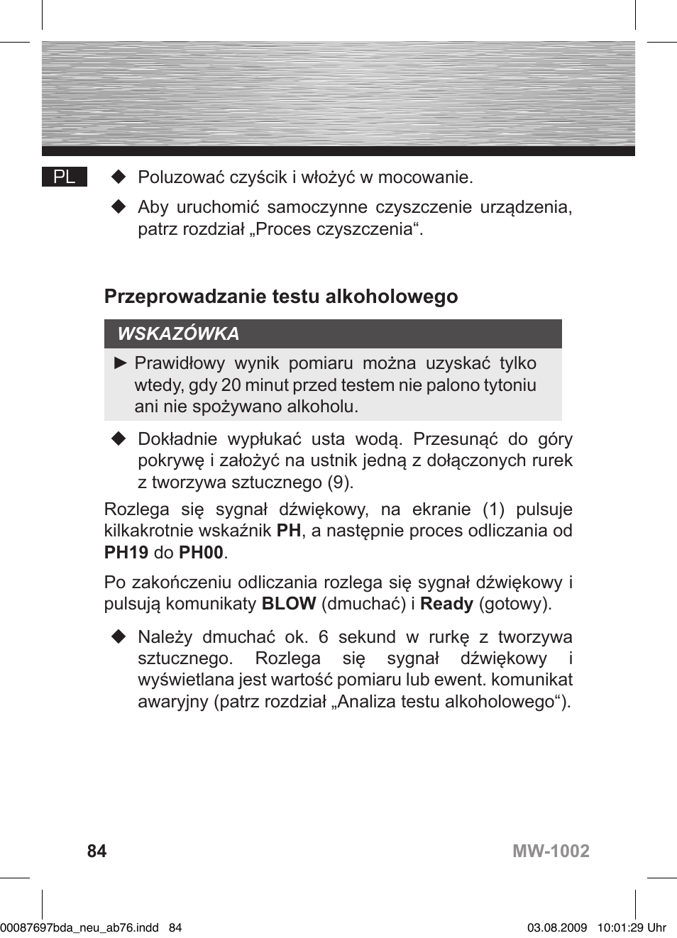 D bedienungsanleitung, Przeprowadzanie testu alkoholowego | Hama MW1002 User Manual | Page 84 / 156