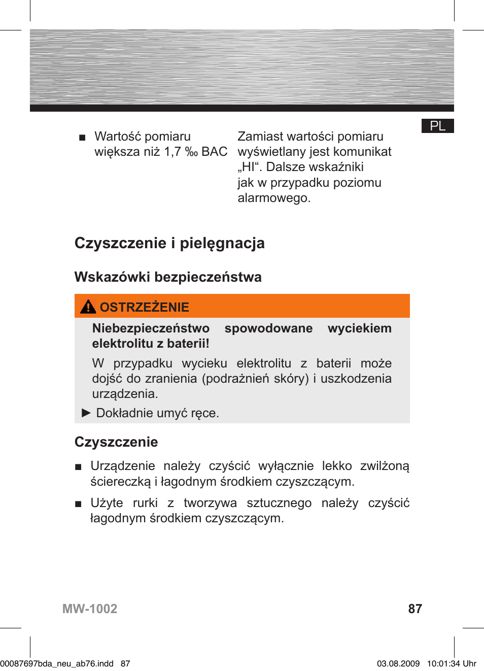 Czyszczenie i pielęgnacja, Wskazówki bezpieczeństwa, Czyszczenie | Hama MW1002 User Manual | Page 87 / 156