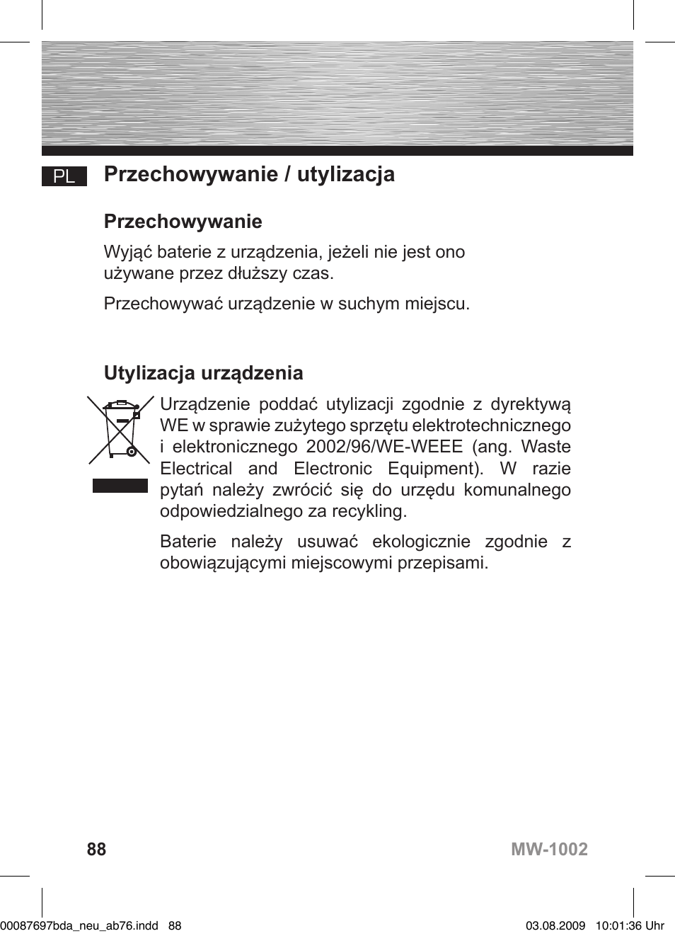 D bedienungsanleitung, Przechowywanie / utylizacja, Przechowywanie | Utylizacja urządzenia | Hama MW1002 User Manual | Page 88 / 156