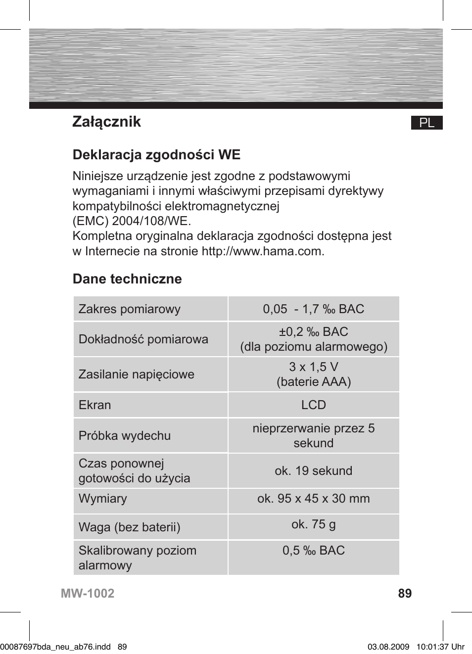 Załącznik, Deklaracja zgodności we, Dane techniczne | Hama MW1002 User Manual | Page 89 / 156