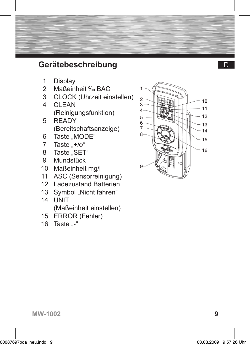 Gerätebeschreibung | Hama MW1002 User Manual | Page 9 / 156