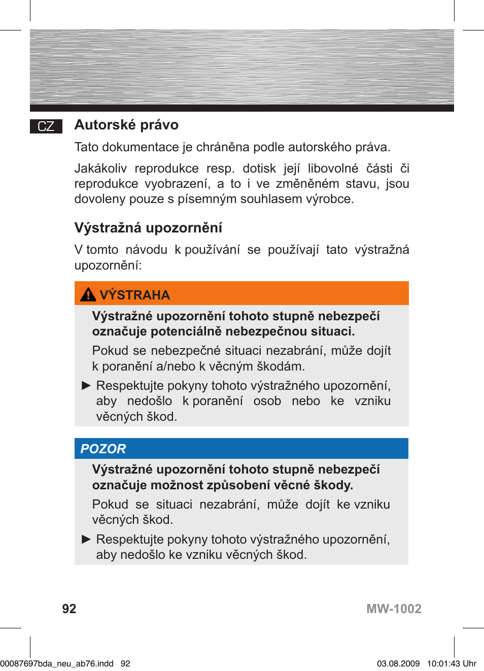 D bedienungsanleitung, Autorské právo, Výstražná upozornění | Hama MW1002 User Manual | Page 92 / 156