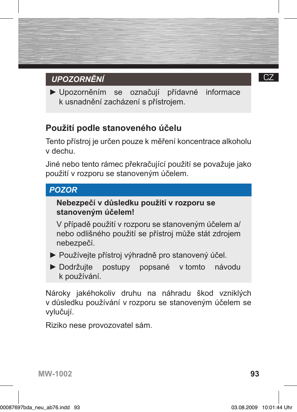 Použití podle stanoveného účelu | Hama MW1002 User Manual | Page 93 / 156