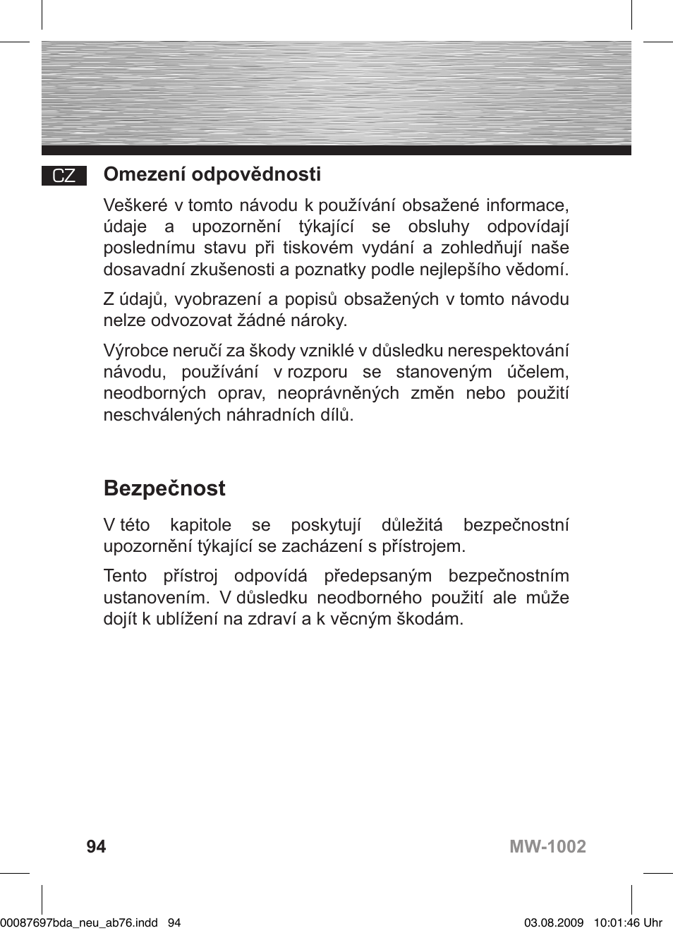 D bedienungsanleitung, Bezpečnost, Omezení odpovědnosti | Hama MW1002 User Manual | Page 94 / 156