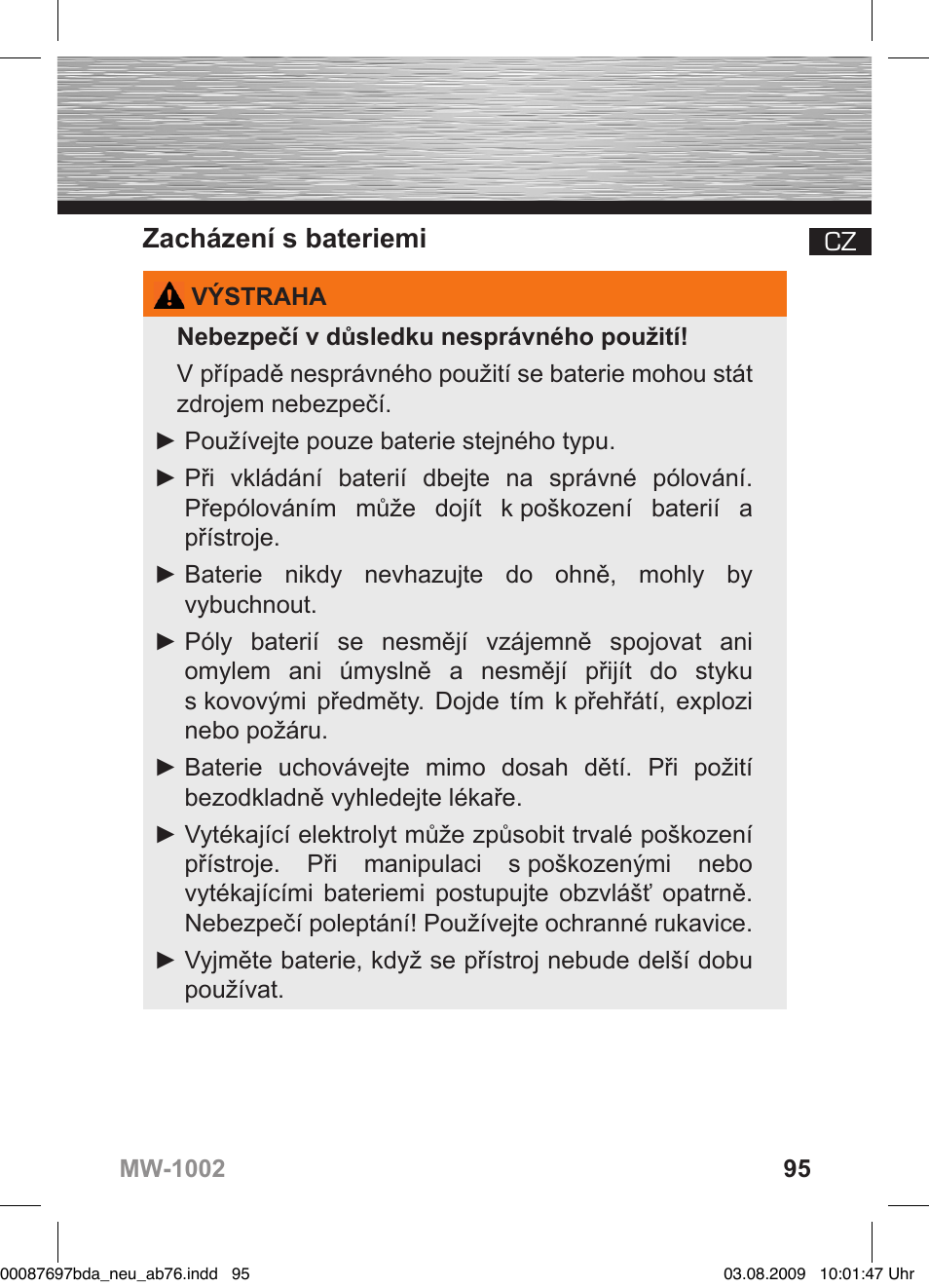 Zacházení s bateriemi | Hama MW1002 User Manual | Page 95 / 156