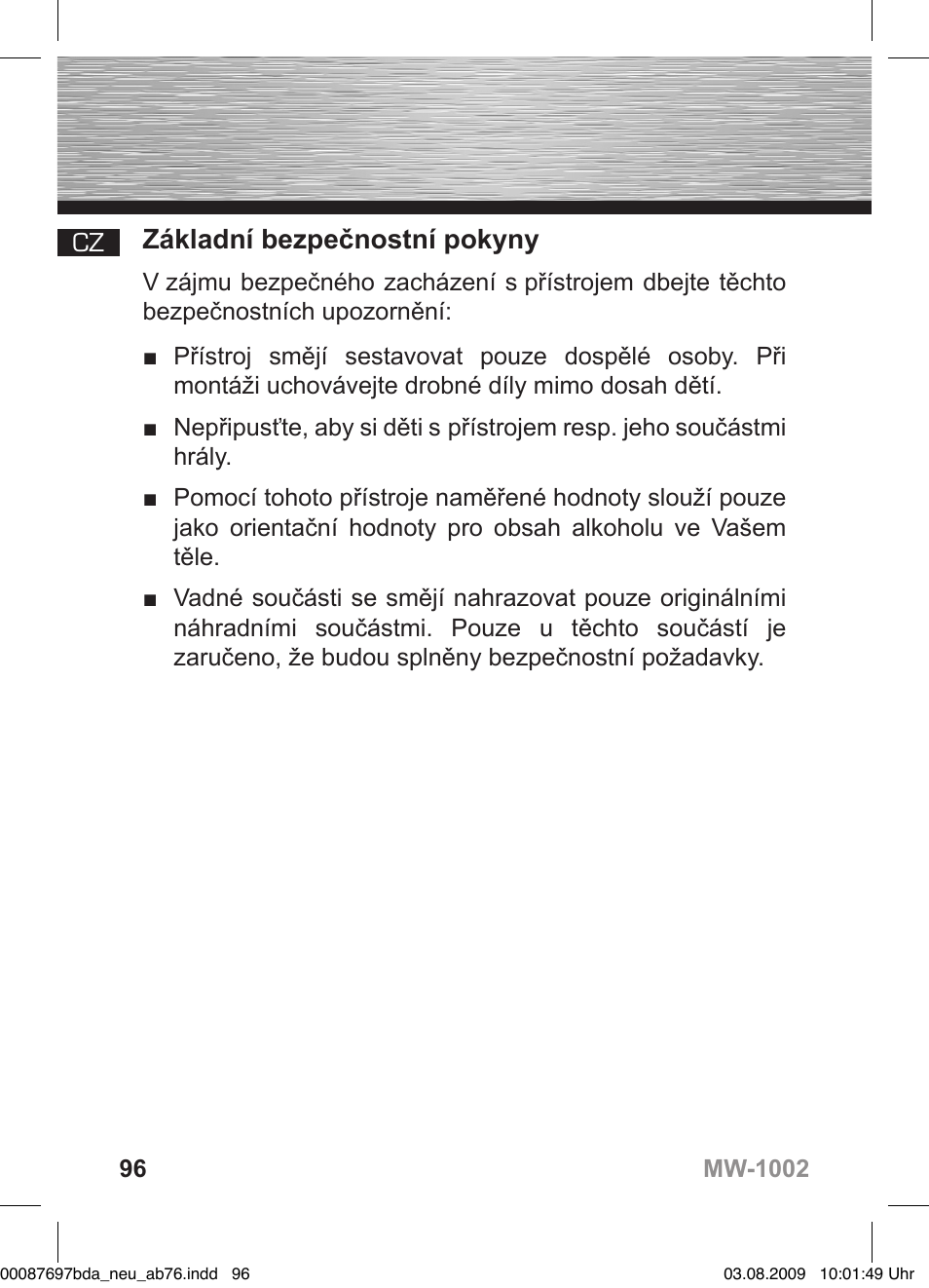 D bedienungsanleitung, Základní bezpečnostní pokyny | Hama MW1002 User Manual | Page 96 / 156