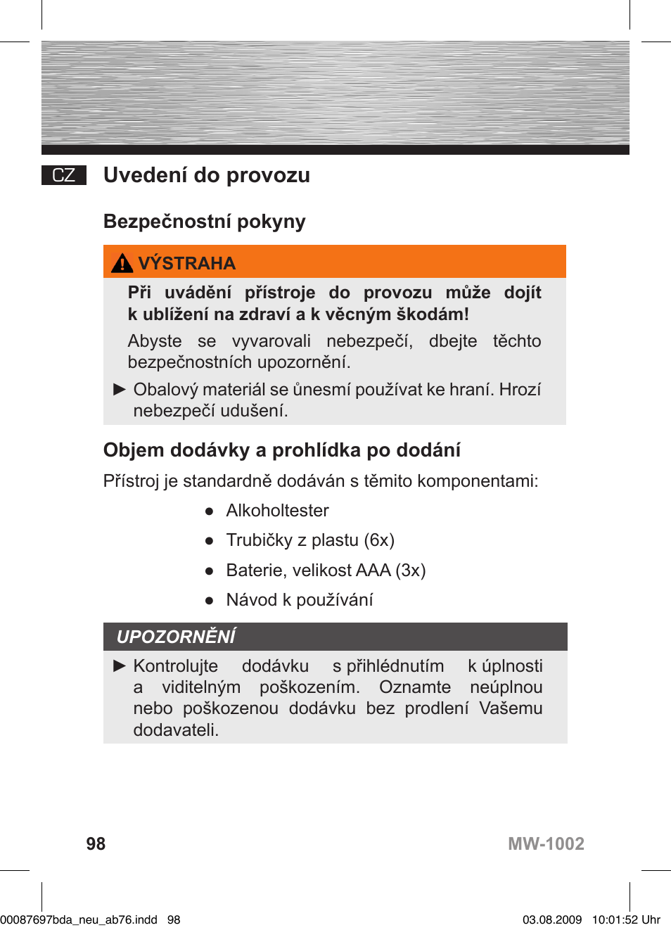 D bedienungsanleitung, Uvedení do provozu, Bezpečnostní pokyny | Objem dodávky a prohlídka po dodání | Hama MW1002 User Manual | Page 98 / 156