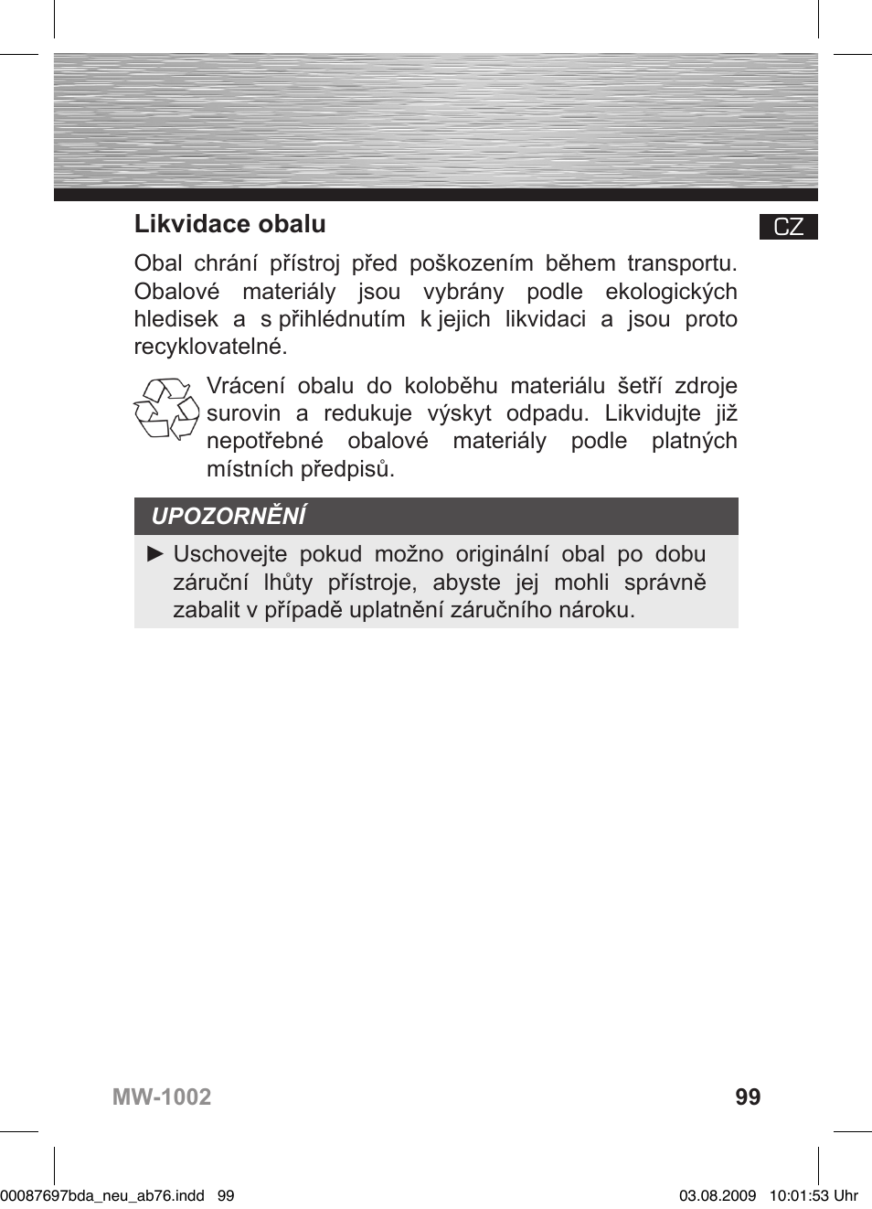 Likvidace obalu | Hama MW1002 User Manual | Page 99 / 156