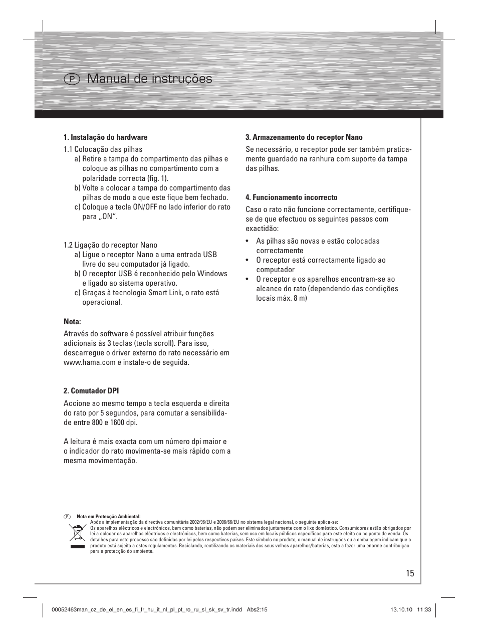 P manual de instruções | Hama M640 User Manual | Page 18 / 21