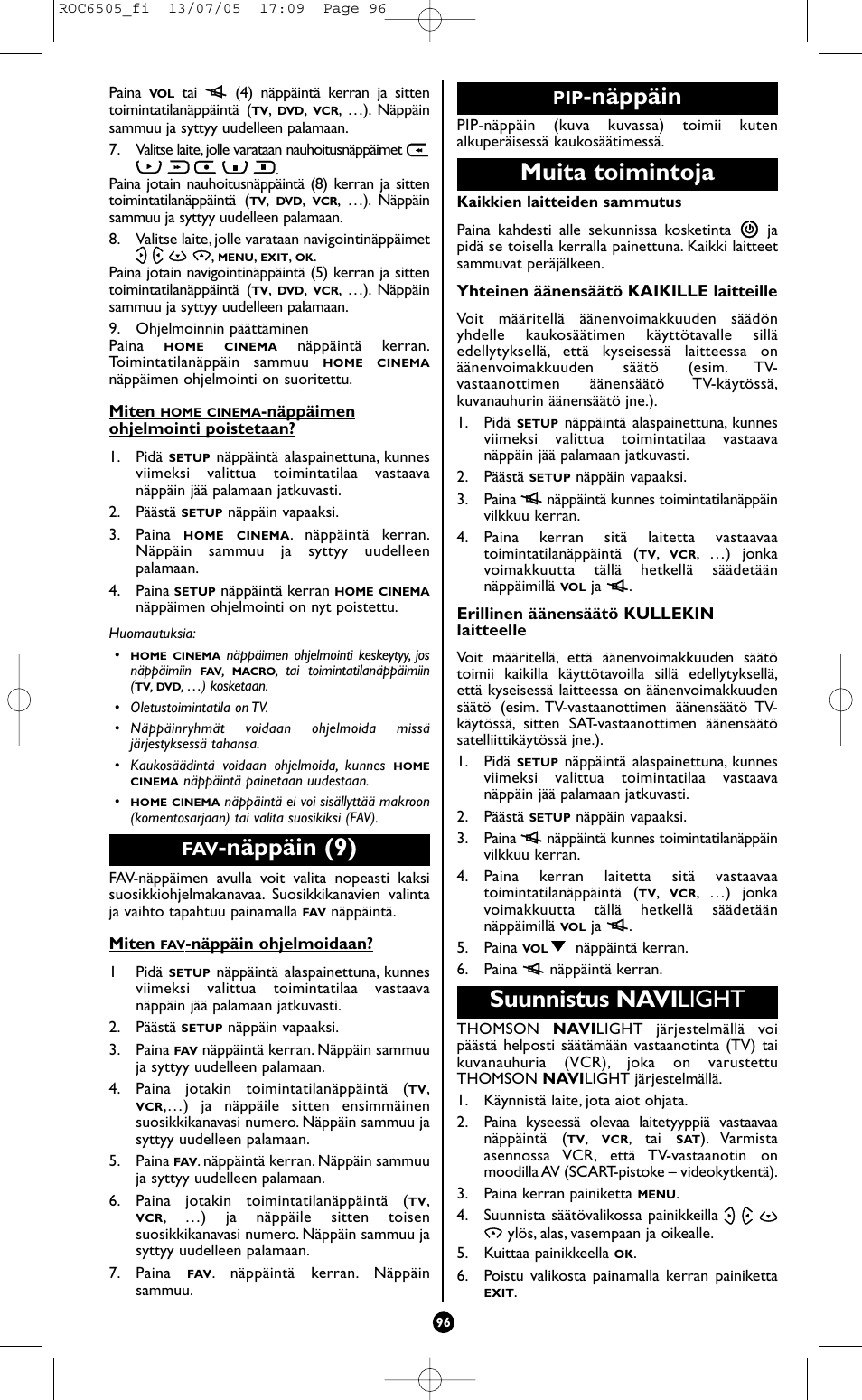 Näppäin (9), Näppäin, Muita toimintoja | Suunnistus navi light | Hama ROC6505 User Manual | Page 101 / 102