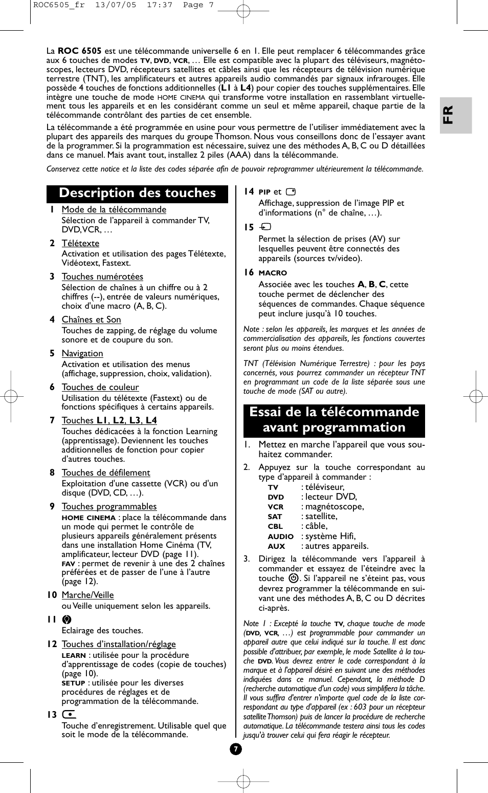 Description des touches, Essai de la télécommande avant programmation | Hama ROC6505 User Manual | Page 12 / 102