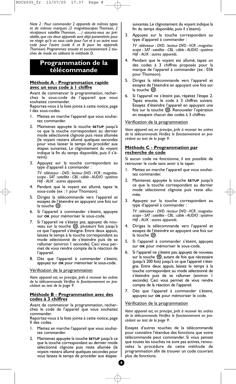 Programmation de la télécommande | Hama ROC6505 User Manual | Page 13 / 102