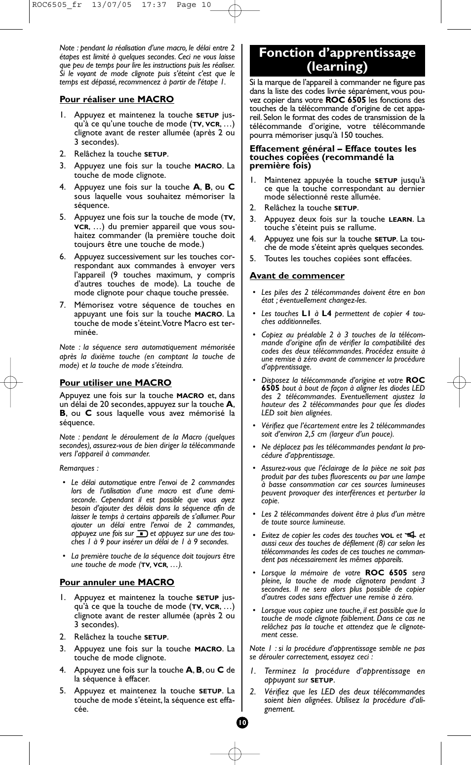 Fonction d’apprentissage (learning) | Hama ROC6505 User Manual | Page 15 / 102