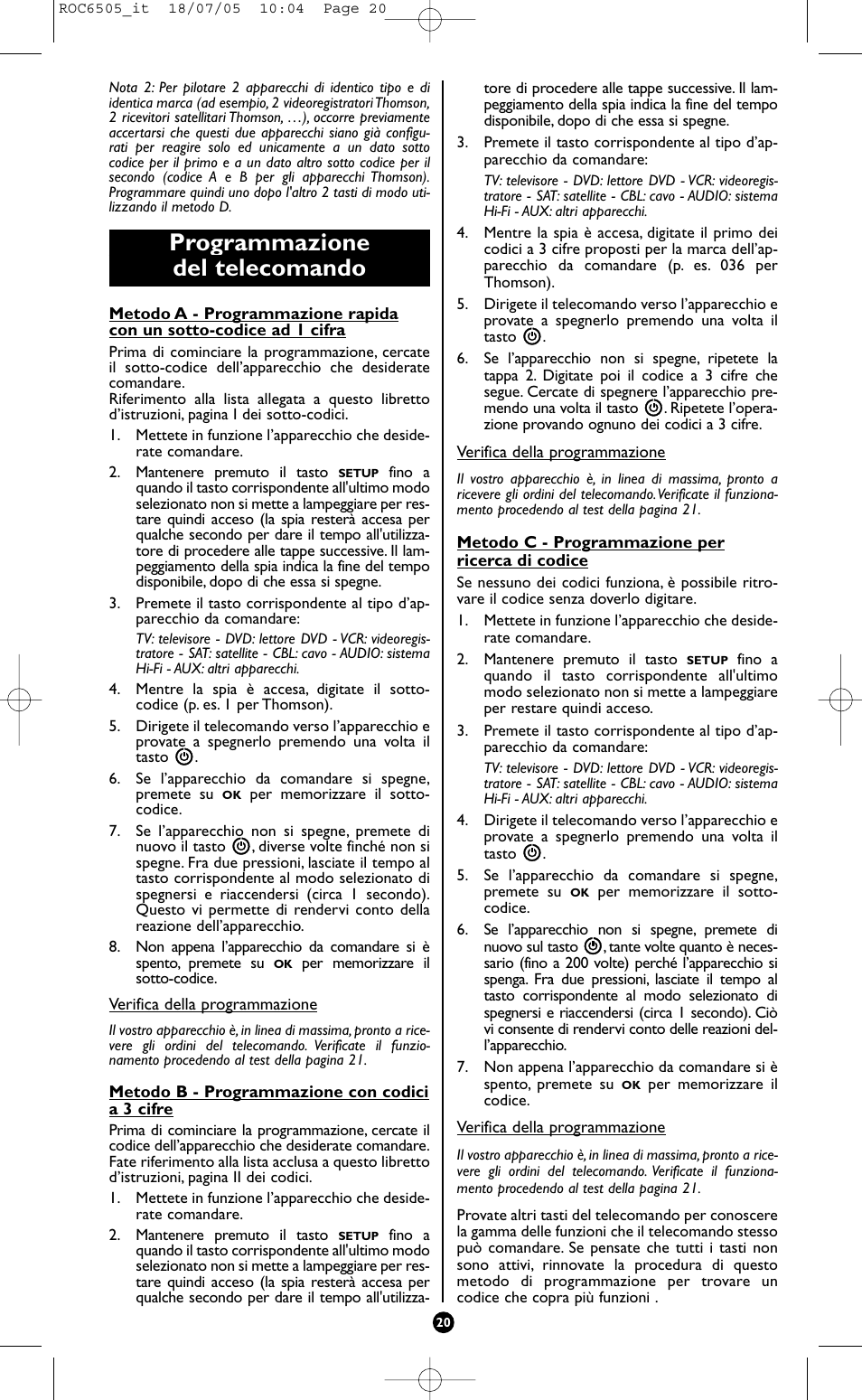 Programmazione del telecomando | Hama ROC6505 User Manual | Page 25 / 102