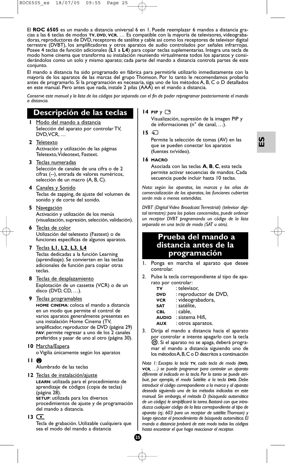 Descripción de las teclas | Hama ROC6505 User Manual | Page 30 / 102