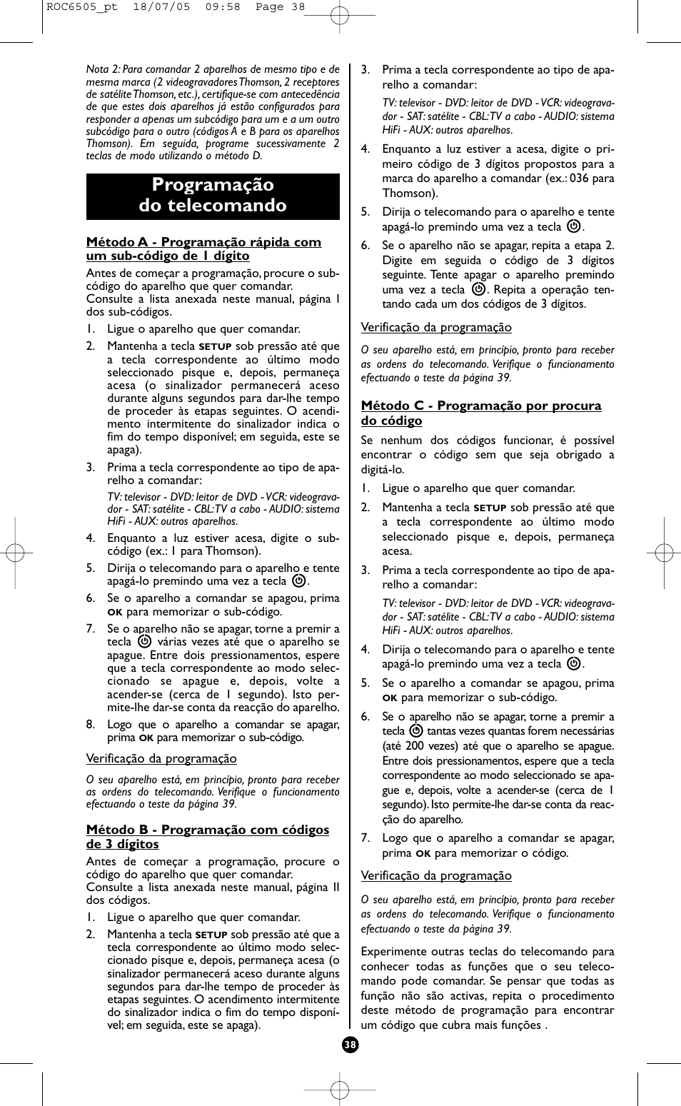 Programação do telecomando | Hama ROC6505 User Manual | Page 43 / 102