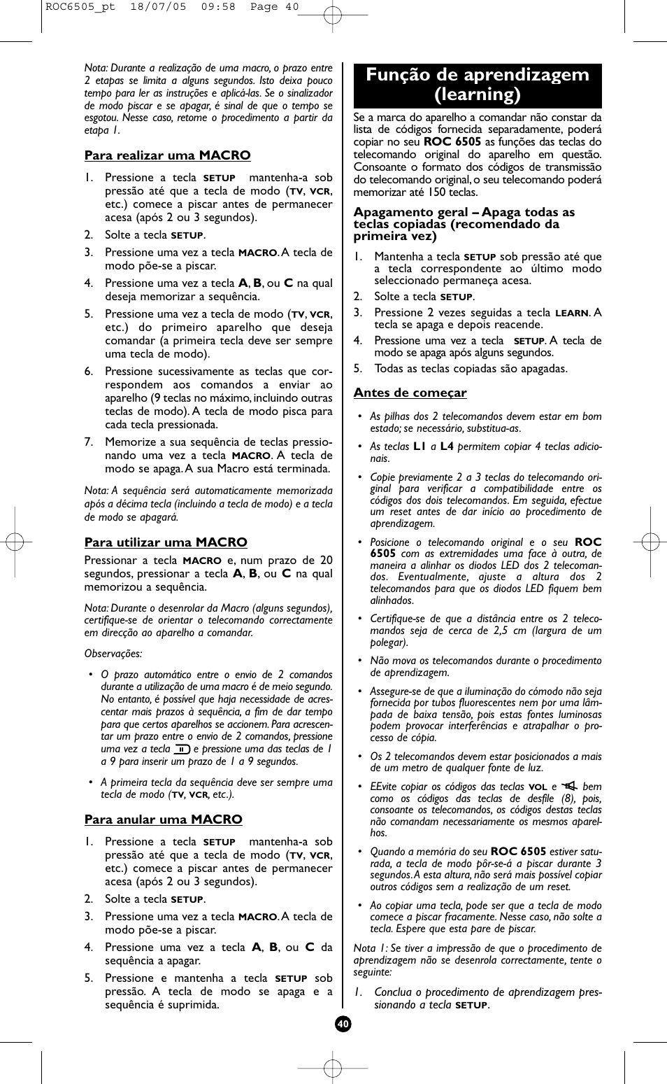 Função de aprendizagem (learning) | Hama ROC6505 User Manual | Page 45 / 102