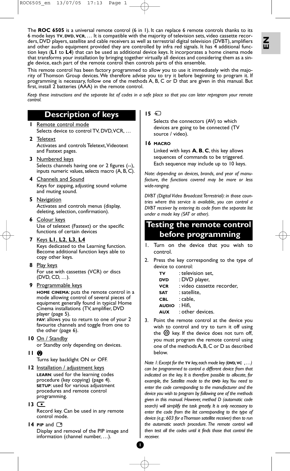 Description of keys, Testing the remote control before programming | Hama ROC6505 User Manual | Page 6 / 102