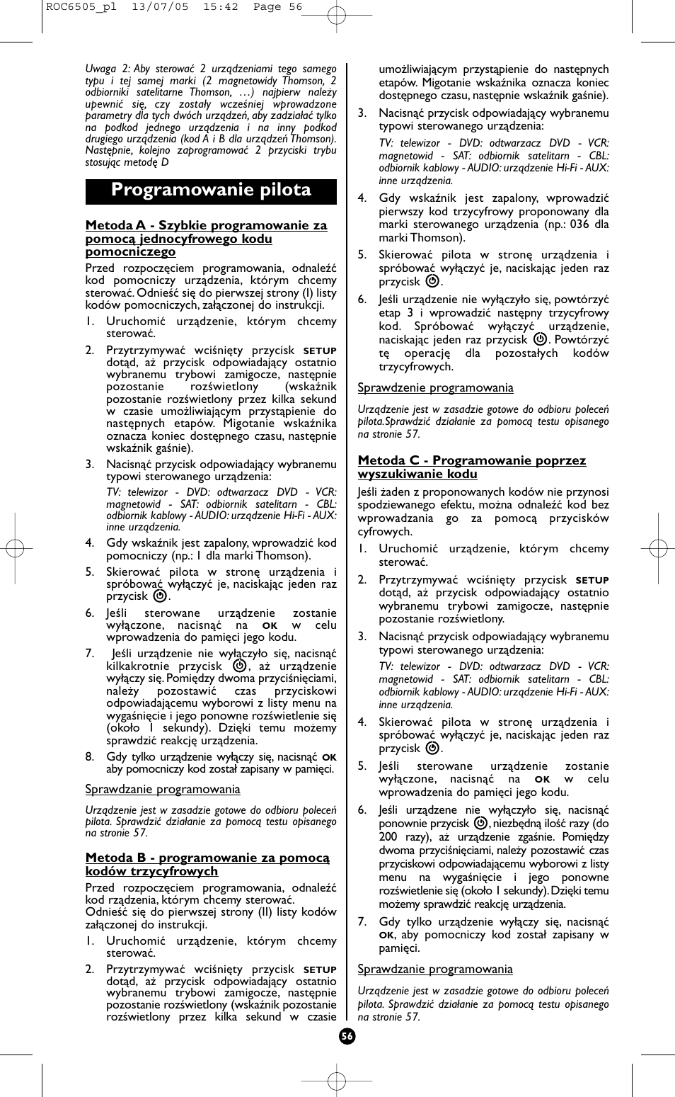 Programowanie pilota | Hama ROC6505 User Manual | Page 61 / 102