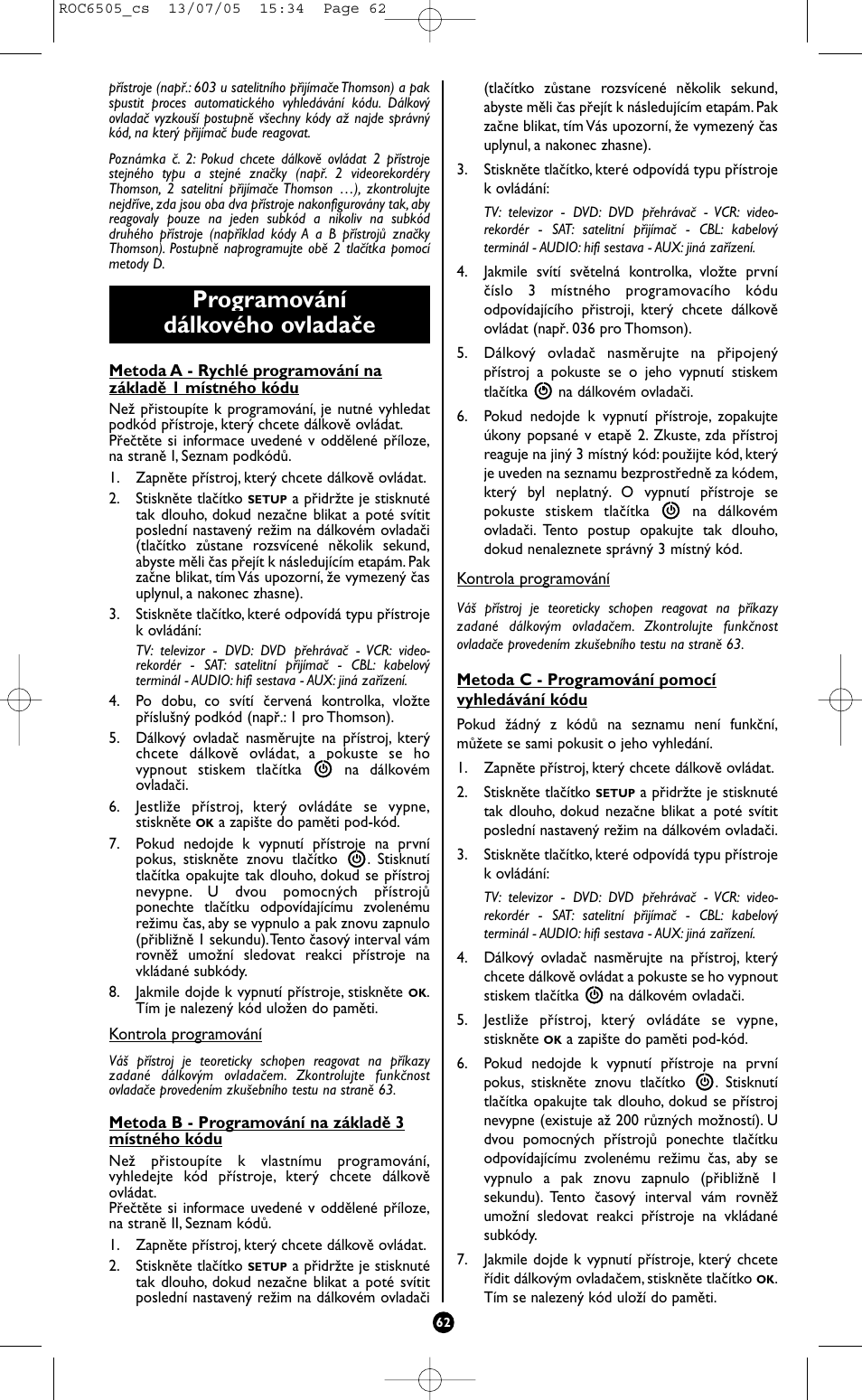 Programování dálkového ovladače | Hama ROC6505 User Manual | Page 67 / 102