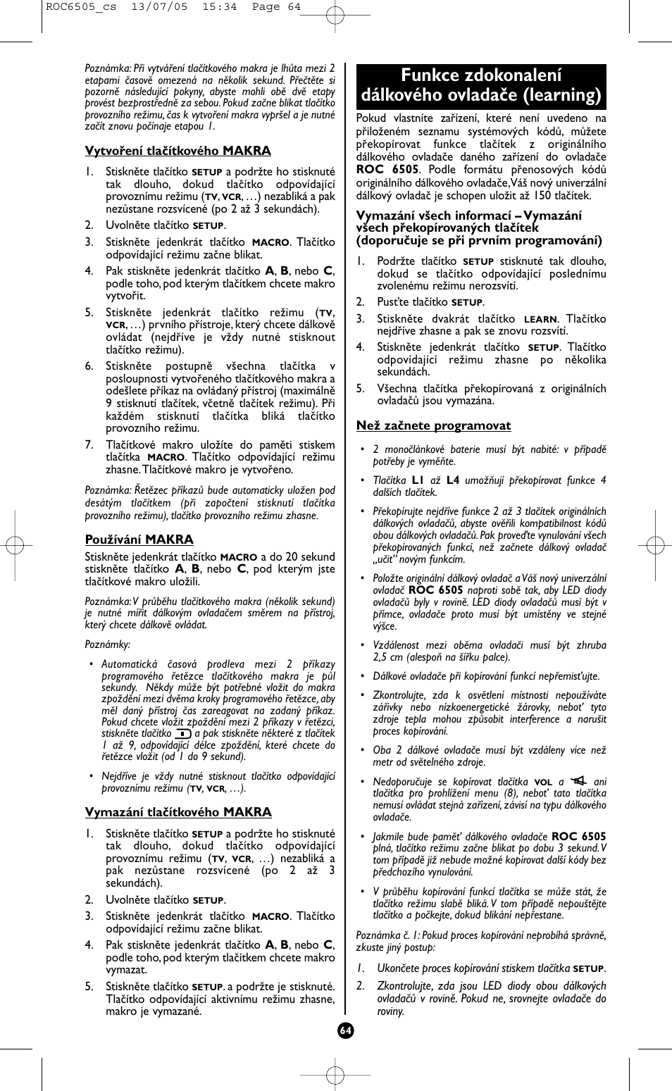 Funkce zdokonalení dálkového ovladače (learning) | Hama ROC6505 User Manual | Page 69 / 102