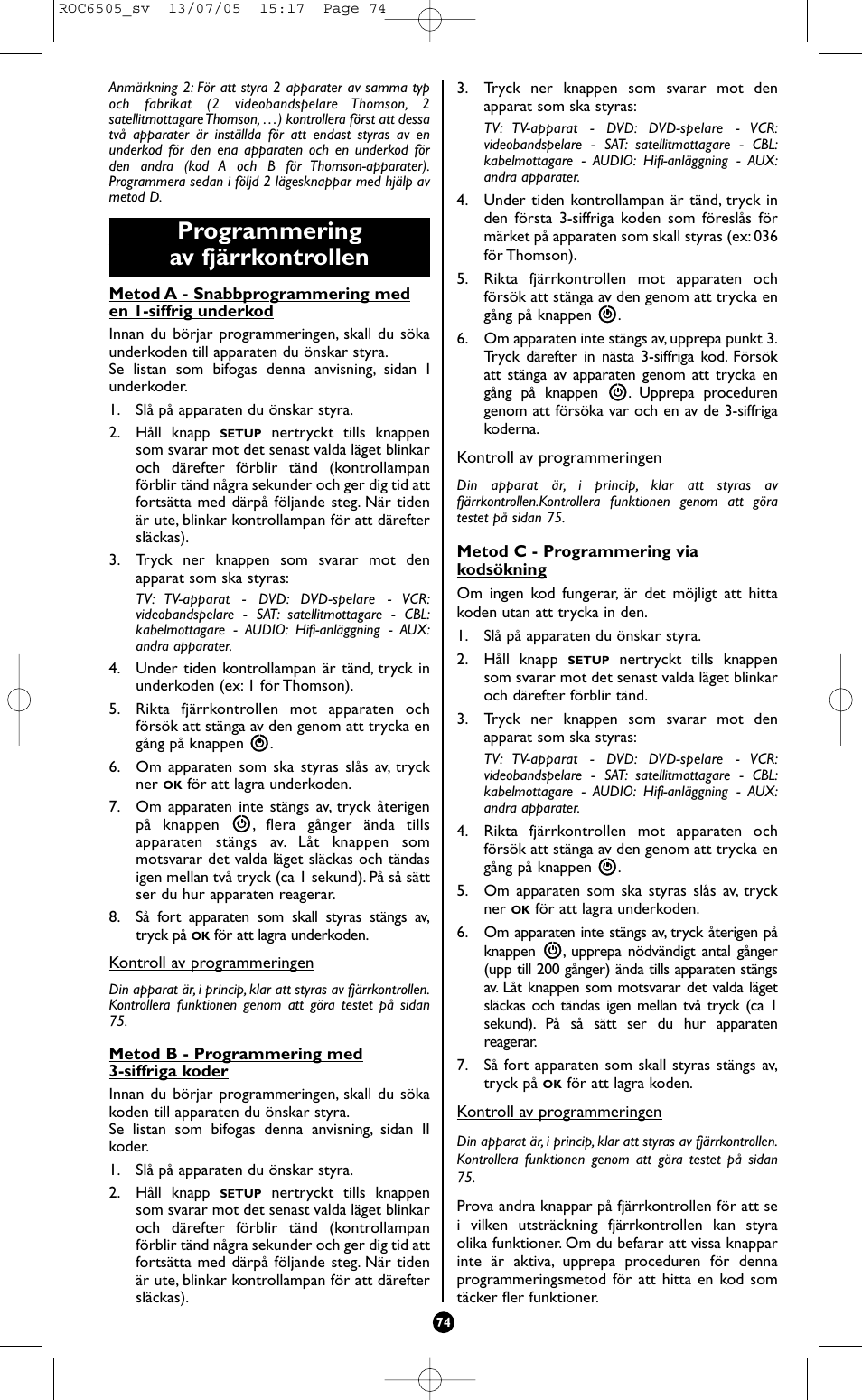 Programmering av fjärrkontrollen | Hama ROC6505 User Manual | Page 79 / 102