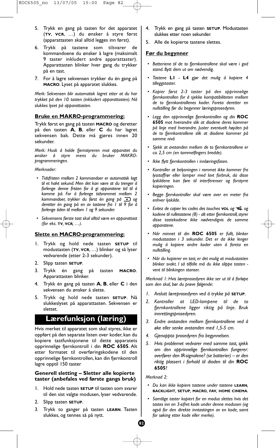 Lærefunksjon (læring) | Hama ROC6505 User Manual | Page 87 / 102