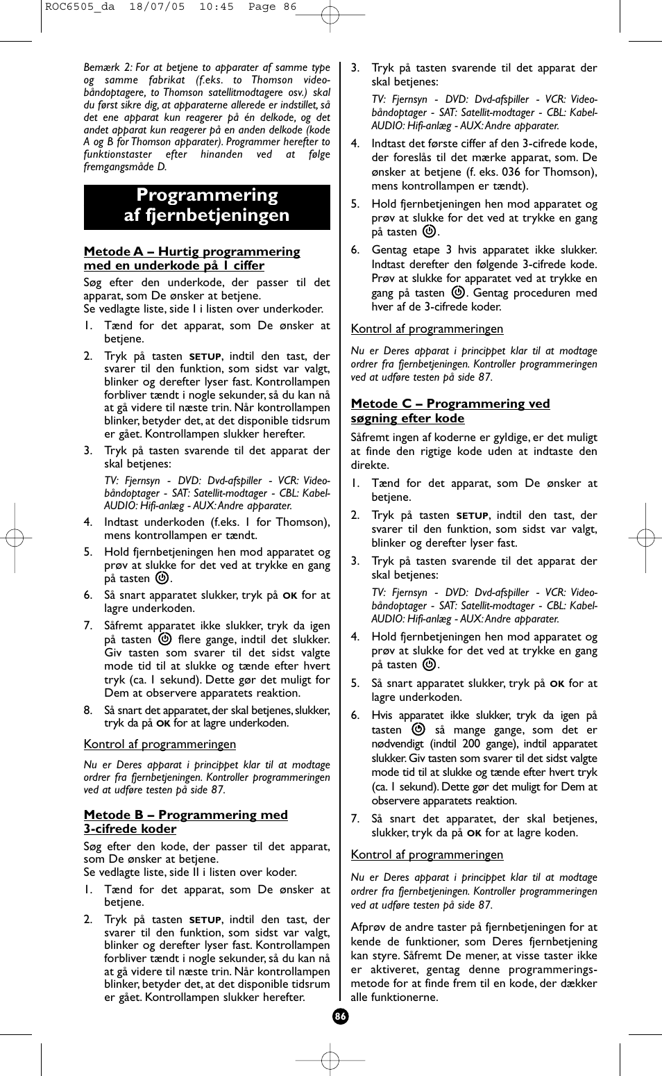 Programmering af fjernbetjeningen | Hama ROC6505 User Manual | Page 91 / 102