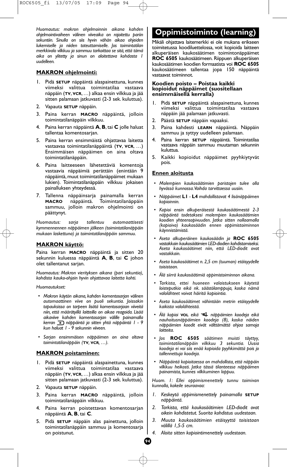 Oppimistoiminto (learning) | Hama ROC6505 User Manual | Page 99 / 102