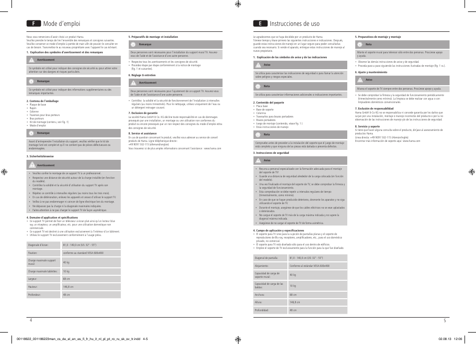 Fmode d‘emploi e instrucciones de uso | Hama TV Stand 1468mm User Manual | Page 3 / 10